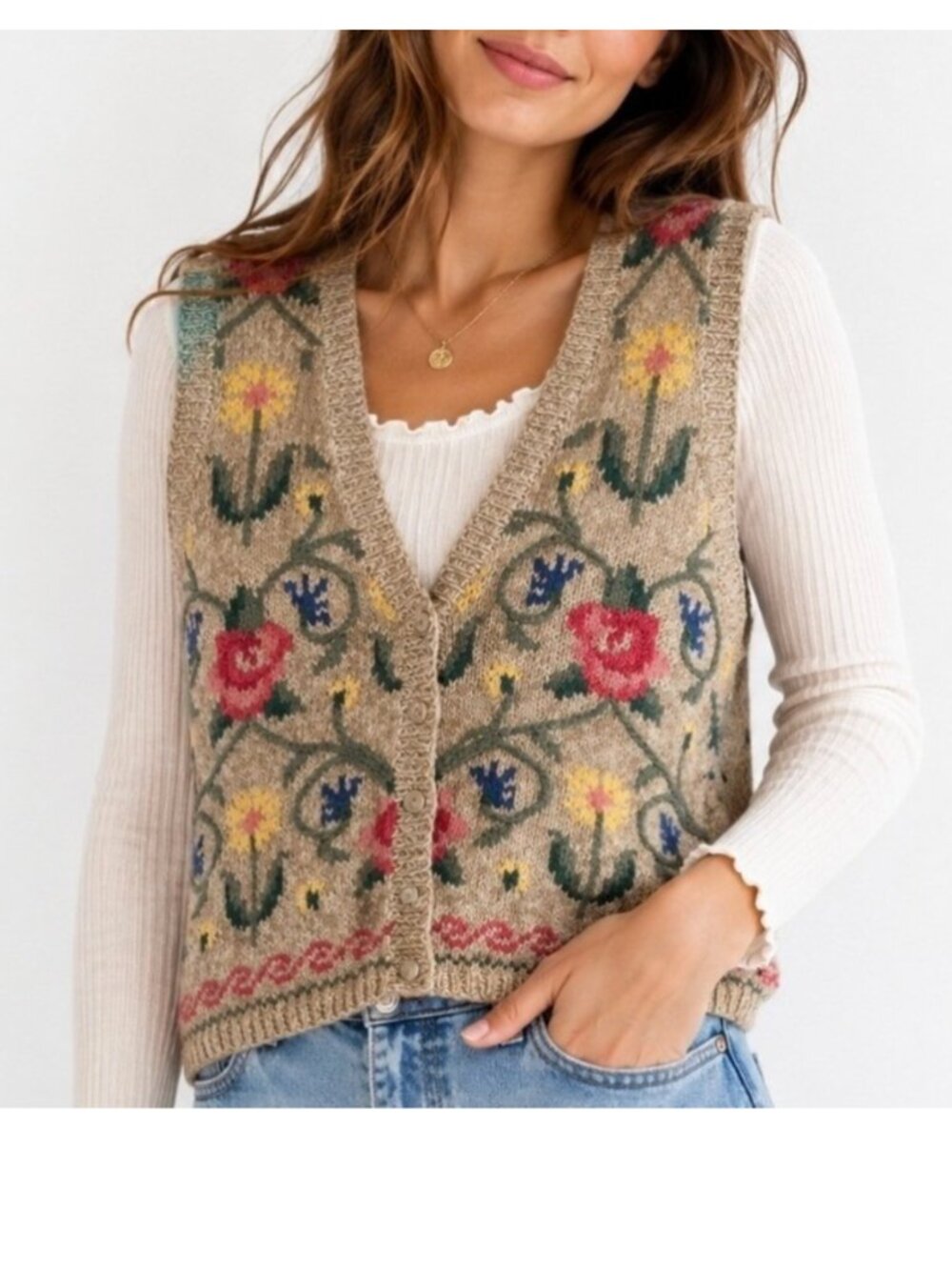 Talbots Petite Floral Chunky Knit Button Sweater Vest